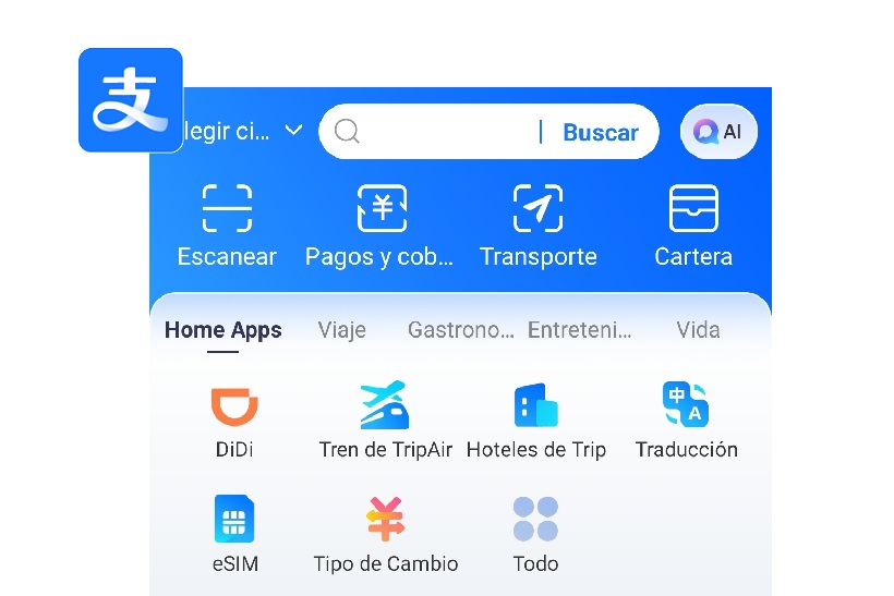 Recorte de Alipay donde se ve la pantalla de la aplicacion para viajar en china
