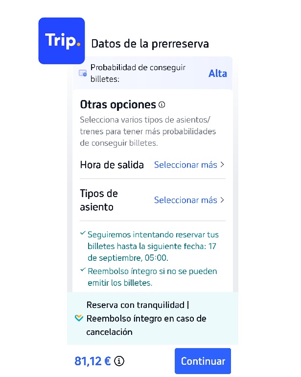 captura de trip app donde se ve la prerreserva de trenes y las alternativas