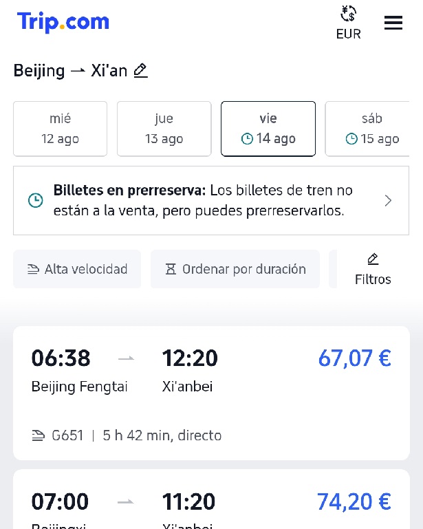 captura de trip version web en reserva de trenes en china