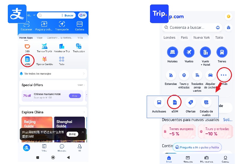 eSIM de Alipay y de Trip en pantallazos, una eSIM para viajar a China y tener internet