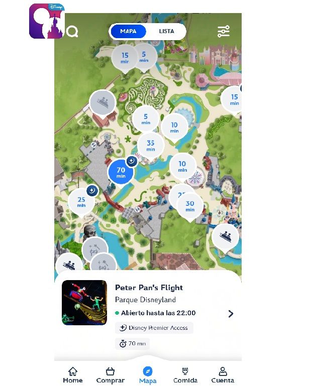 Pantallazo de la app de Disneyland París donde se ven las colas de las atracciones en tiempo real